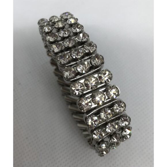 Vintage Three Row Clear Rhinestone Stretch Bracelet British Hong Kong - Picture 3 of 8
